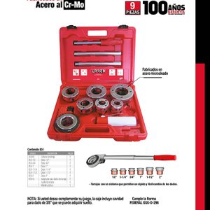 Juego de tarraja para tubo de 1/2" a 2" NPT, 9 piezas Urrea