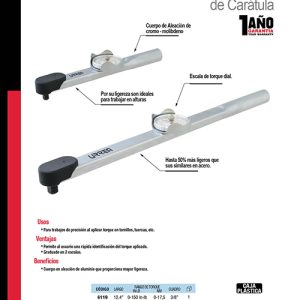 Torquímetro de carátula con cuerpo de aluminio cuadro de 1/2", 50-250 ft-lb Urrea