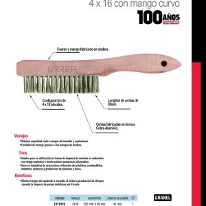 Cepillo de cerdas de bronce-aluminio antichispa con 4x16 filas de pinceles con mango Urrea