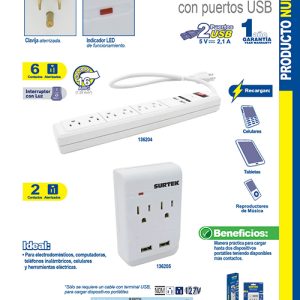 Multicontacto de barra 6 entradas 2 USB cable 50 cm Surtek
