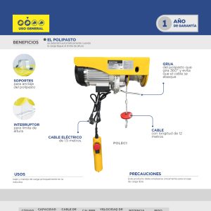 Polipasto eléctrico 1 ramal,  1 ton, cable 12 m Surtek