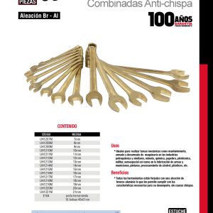 Juego de llaves combinadas de bronce-aluminio antichispa métricas, 12 puntas, 15 piezas Urrea