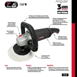 Pulidora angular 7" 1300 W 120 V, 900 - 3000 RPM Urrea
