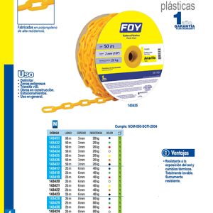 Cadena plástica calibre 3 mm de 50 m, color naranja Foy