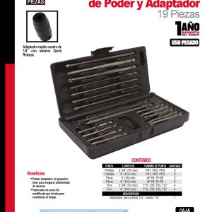 Juego de puntas de poder y adaptador rápido cuadro de 1/4" Quick release, 19 pz en caja pl Urrea