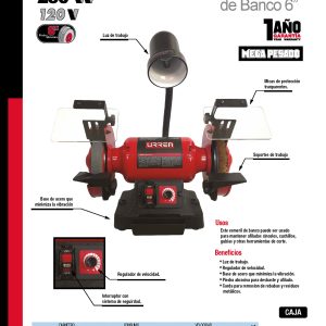 Esmeril de banco con base de acero 6" 1/3 HP 250 W 120 V, 3400 RPM Urrea