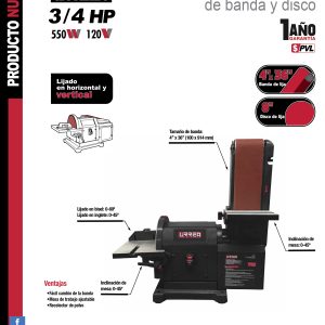 Lijadora de banda 4" x 36" y disco estacionaria 8" 3/4 HP 120 V Urrea