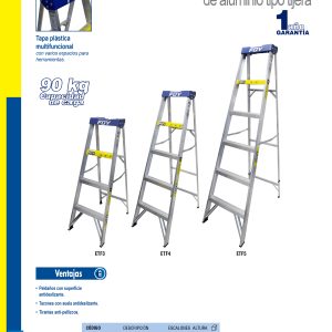 Escalera de tijera tipo III de aluminio y tapa plástica con 5 peldaños Foy