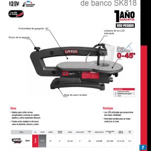 Sierra caladora de banco 18" 90 W 120 V, 1600 RPM Urrea
