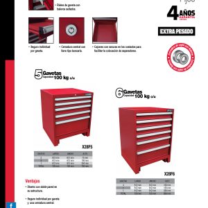 Gabinete fijo con 6 gavetas color rojo serie X 28" Urrea