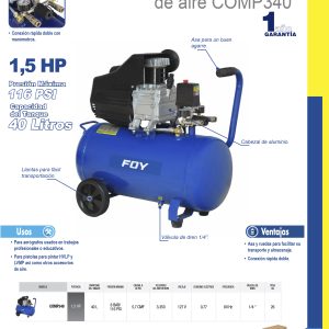 Compresor de aire eléctrico lubricado 40L, 1.5HP, 127V Foy