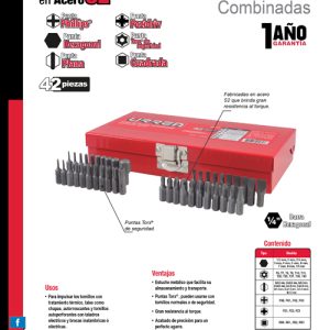 Juego combinado de puntas hexágono de 1/4", 42 piezas en caja metalica Urrea