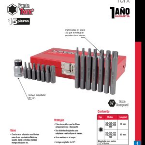 Juego de puntas Torx hexágono de 3/8" con adaptador, 15 piezas en caja metalica Urrea