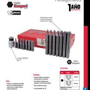Juego de puntas hexagonales hexágono de 3/8" in, con adaptador, 15 pz en caja metalica Urrea