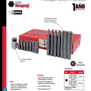 Juego de puntas hexagonales hexágono de 3/8" mét, con adaptador, 15 pz en caja metalica Urrea