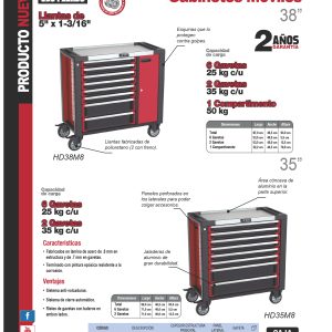 Gabinete móvil 8 gavetas color rojo y negro serie HD 35" Urrea