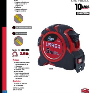 Flexómetro con carcasa de caucho anti-impacto 5 m x 27 mm Urrea