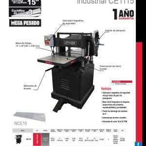 Cepillo estacionario 15" 3 HP 220 V, 5000 RPM 1 fase Urrea