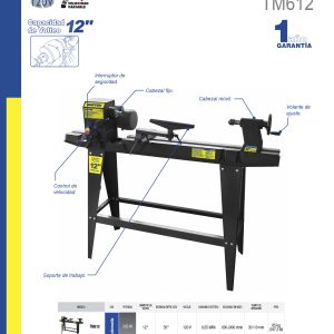 Torno para madera 12" 550 W, 120 V, 2400 RPM, 3/4 HP Surtek