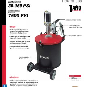 Inyector de grasa con cubeta neumático de 30 kg, 7,500 PSI Urrea