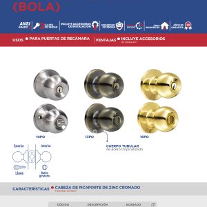 Pomo tubular bola función recámara, acero inoxidable, llave estándar, blíster Lock