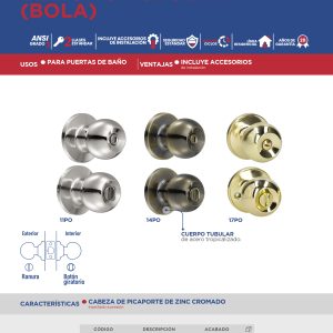 Pomo tubular bola función baño, latón brillante, blíster Lock