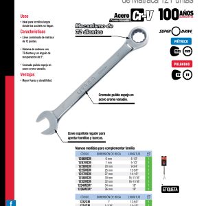 Llave combinada pulido espejo de matraca en pulgadas, 12 puntas, 1-7/16" Urrea