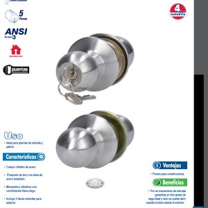 Pomo cilíndrico bola para constructora función entrada, acero inoxidable, llave std, caja Prolok