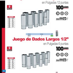 Juego de dados largos cuadro de 1/2", 6 puntas, en pulgadas, 9 piezas Urrea
