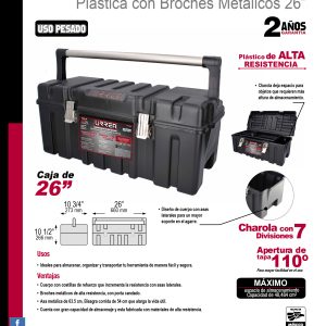Caja portaherramientas plástica con broches metálicos color negro 26" x 10" x 10" Urrea