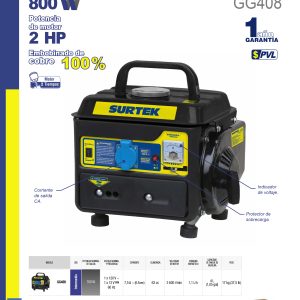 Generador a gasolina 800 W, 63 cc, voltaje de salida 120 V Surtek