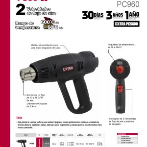 Pistola de calor 60°C a 600°C 1800 W 120 V con sensor contra sobrecalentamiento Urrea