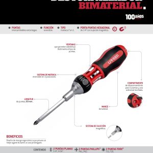 Destornillador con mango bimaterial de matraca con puntas largas intercambiables 7 en 1 Urrea
