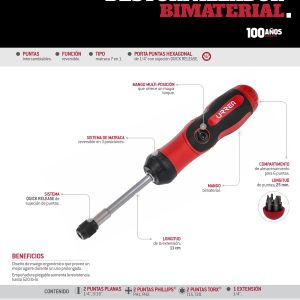 Destornillador con mango bimaterial de matraca flexible con puntas intercambiables 7 en 1 Urrea