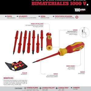 Juego de destornilladores con mango bimaterial y puntas intercambiables 1000 V, 10 piezas Urrea