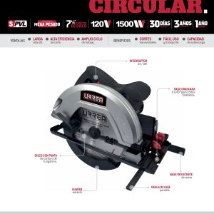 Sierra circular 7-1/4" 1,500 W 120 V, 5,000 RPM Urrea