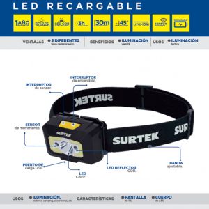 Linterna de LED para cabeza recargable de 250 lm Surtek
