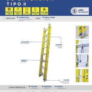 Escalera de extensión tipo II de fibra de vidrio con 24  peldaños Surtek