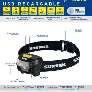 Linterna de LED para cabeza recargable de 200 lm Surtek
