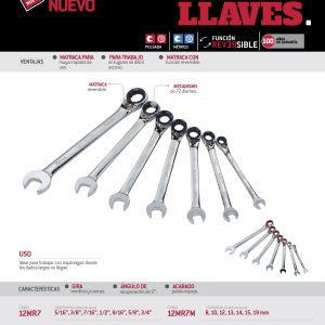 Juego de llaves combinadas pulido espejo de matraca rev en pulg, 12 puntas,7 pz en rack Urrea