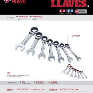 Juego de llaves combinadas cortas pulido espejo de matraca  mét, 12 puntas,7 pz en rack Urrea