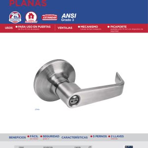 Manija tubular plana función baño, níquel satinado, llave estándar, blíster Lock
