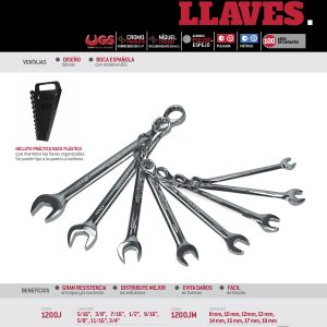 Juego de llaves combinadas pulido espejo en pulgadas, 12 puntas, 8 pz en rack Urrea