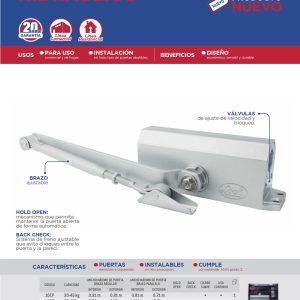 Cierrapuertas hidráulico con capacidad de 30-45 Kg, 180° apertura en espera Lock