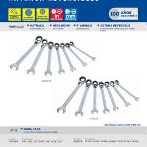 Juego de llaves combinadas pulido espejo de matraca rev mét, 12 puntas,7 pz en rack Surtek