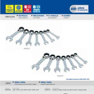 Juego de llaves combinadas cortas pulido espejo de matraca en pulg, 12 puntas,7 pz en rack Surtek