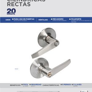 Manija cilíndrica recta función baño, níquel satinado, llave estándar, blíster Prolok