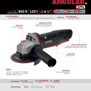 Mini esmeriladora angular 4-1/2" 850 W 120 V, 11000 RPM Urrea