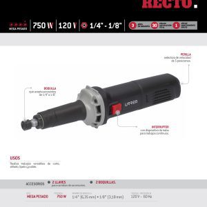 Rectificador recto 1/8" y  1/4" 750 W 120 V, 7000 - 28,000 RPM Urrea