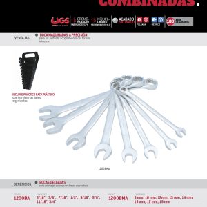 Juego de llaves combinadas satinadas métricas, 12 puntas, 8 piezas en rack Urrea